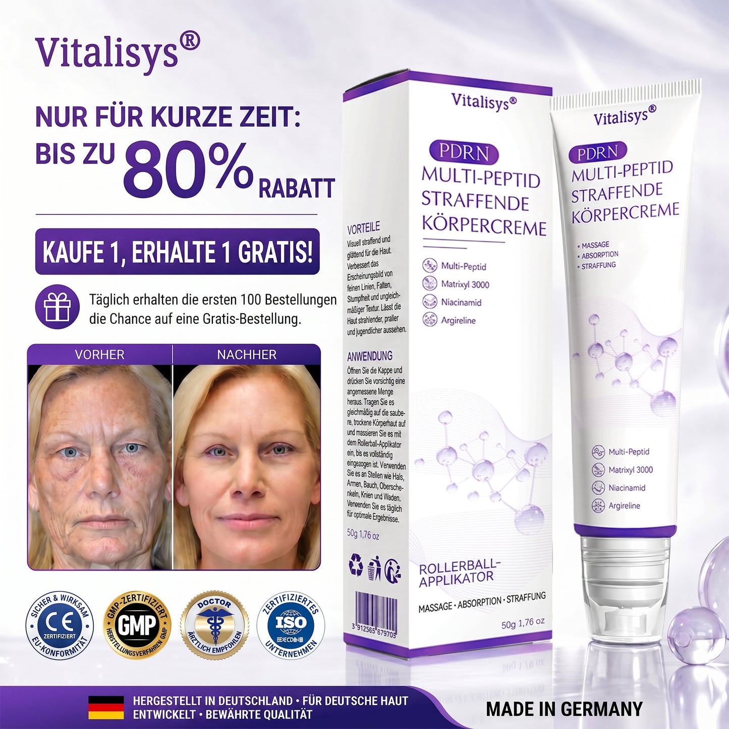 💎FDA-zertifiziert: Vitalisys® PDRN Multi-Peptide Massaging Body Roller Cream – Anti-Aging, Feuchtigkeit, Hautstraffung & Lifting, Hautpflege, ebenmäßiger Hautton, Akne- & Fleckenpflege, Warzen- & Muttermalentfernung, Psoriasis-Linderung.🍇